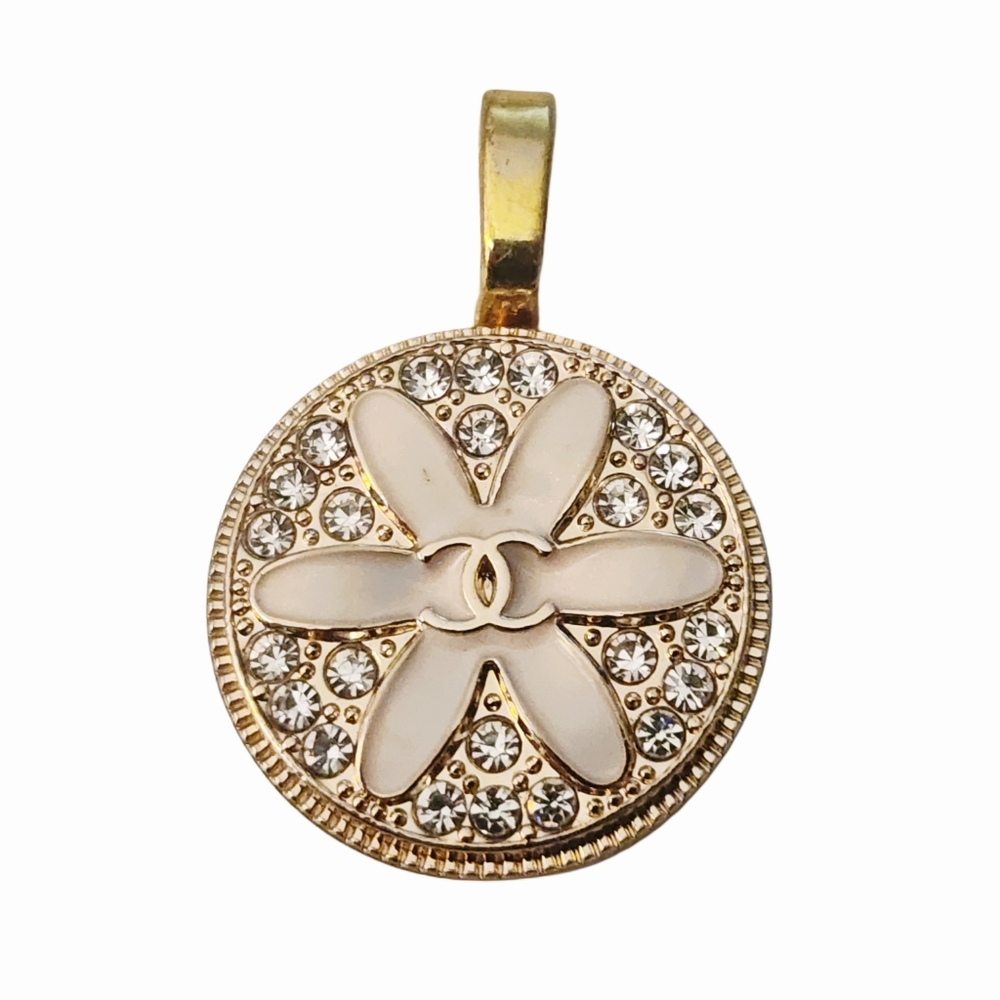 Inspired Pale Pink & Rhinestone Designer Flower Button Repurposed Into A Pendant